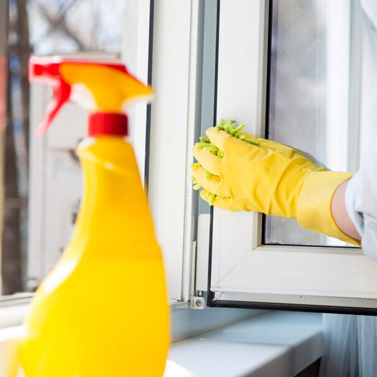 A professional cleaner in rubber gloves meticulously cleaning a window for a window cleaning service.