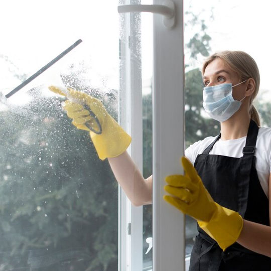 A woman in a mask and gloves is engaged in cleaning a window, representing a dedicated window cleaning service.
