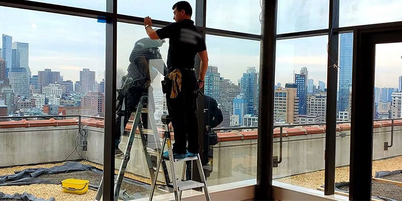 A man cleaning windows from a ladder in a large room, emphasizing the thoroughness of post-construction window cleaning.