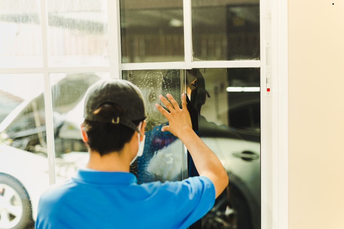 A man in a blue shirt applies window tint film to a car window, focusing intently as he smooths out the material.