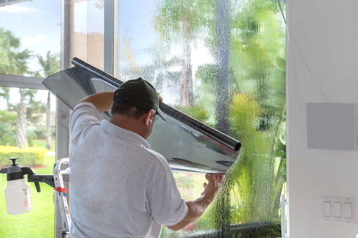 A man using a squeegee to clean a large window, focused on removing streaks for a clear view.