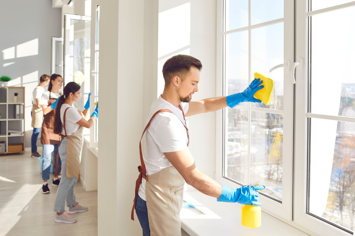 A group of individuals cleaning office windows, using tools and equipment to ensure a clear view from inside.